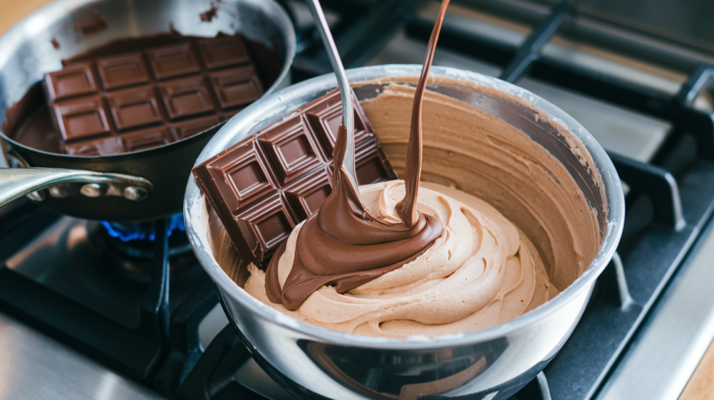 Stirring chocolate syrup into vanilla frosting for a quick chocolate upgrade.