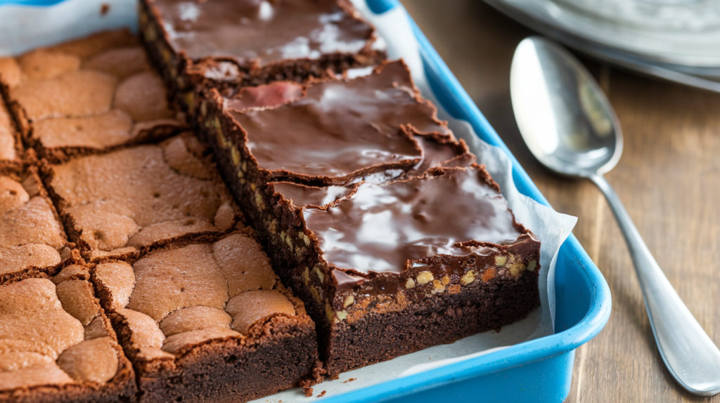 Freshly baked brownies cut into perfect squares on parchment paper.