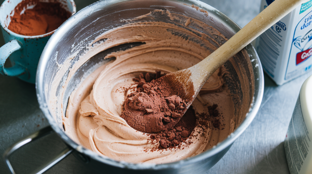 Adding cocoa powder to vanilla frosting to make chocolate frosting.