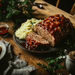 A freshly baked meatloaf on a rustic wooden table, sliced to show its juicy interior, glazed with a shiny ketchup glaze, surrounded by mashed potatoes and roasted vegetables, warm and cozy tones, high detail, food photography style, Show off its lacy texture and the perfect balance. Get creative with your composition, Style: Shot side down view