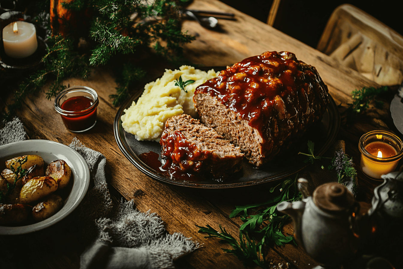 A freshly baked meatloaf on a rustic wooden table, sliced to show its juicy interior, glazed with a shiny ketchup glaze, surrounded by mashed potatoes and roasted vegetables, warm and cozy tones, high detail, food photography style, Show off its lacy texture and the perfect balance. Get creative with your composition, Style: Shot side down view