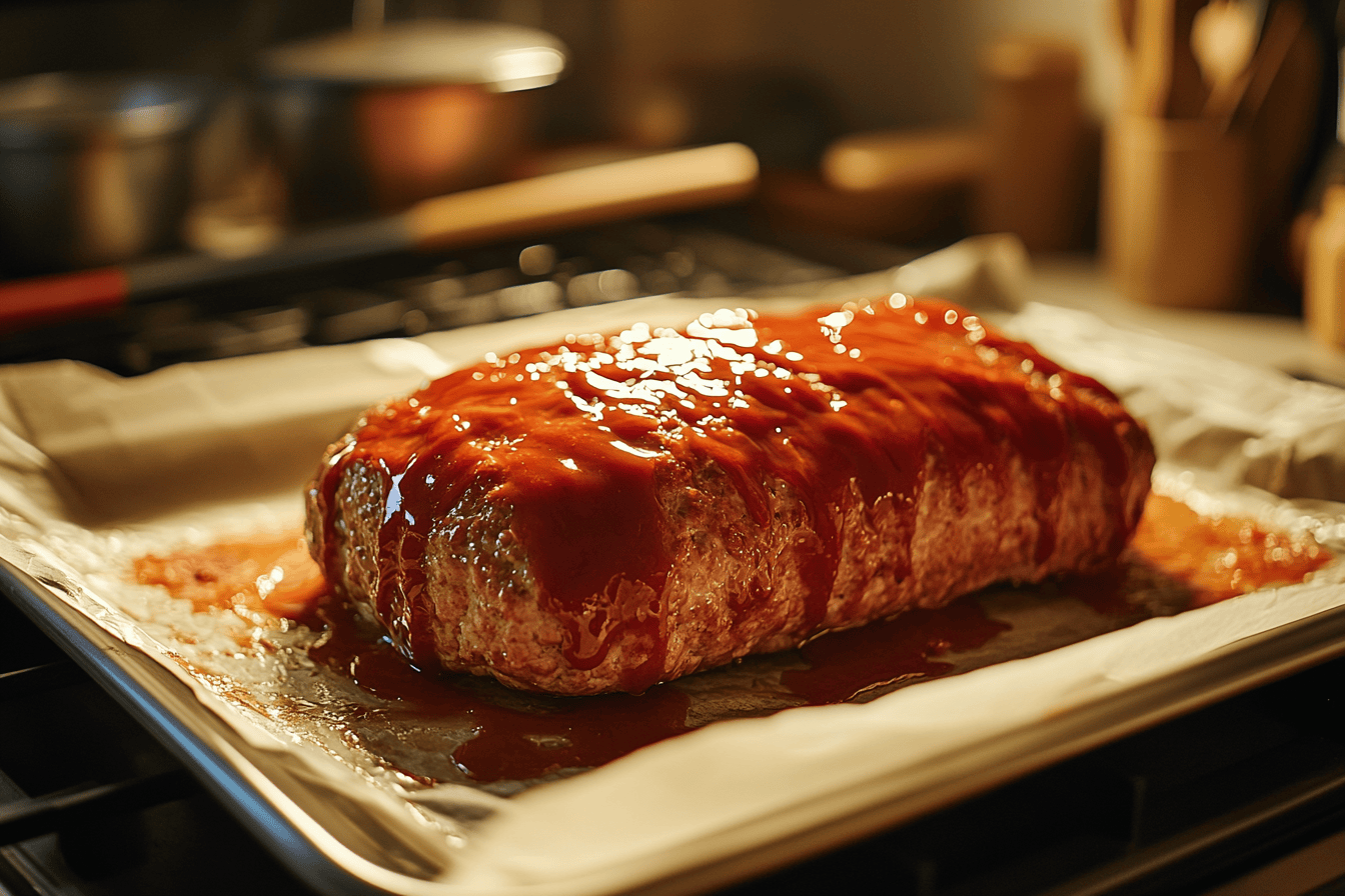 An Uncooked Meatloaf Brushed With Glaze On A Parchment Lined Baking Tray, Ready To Bake