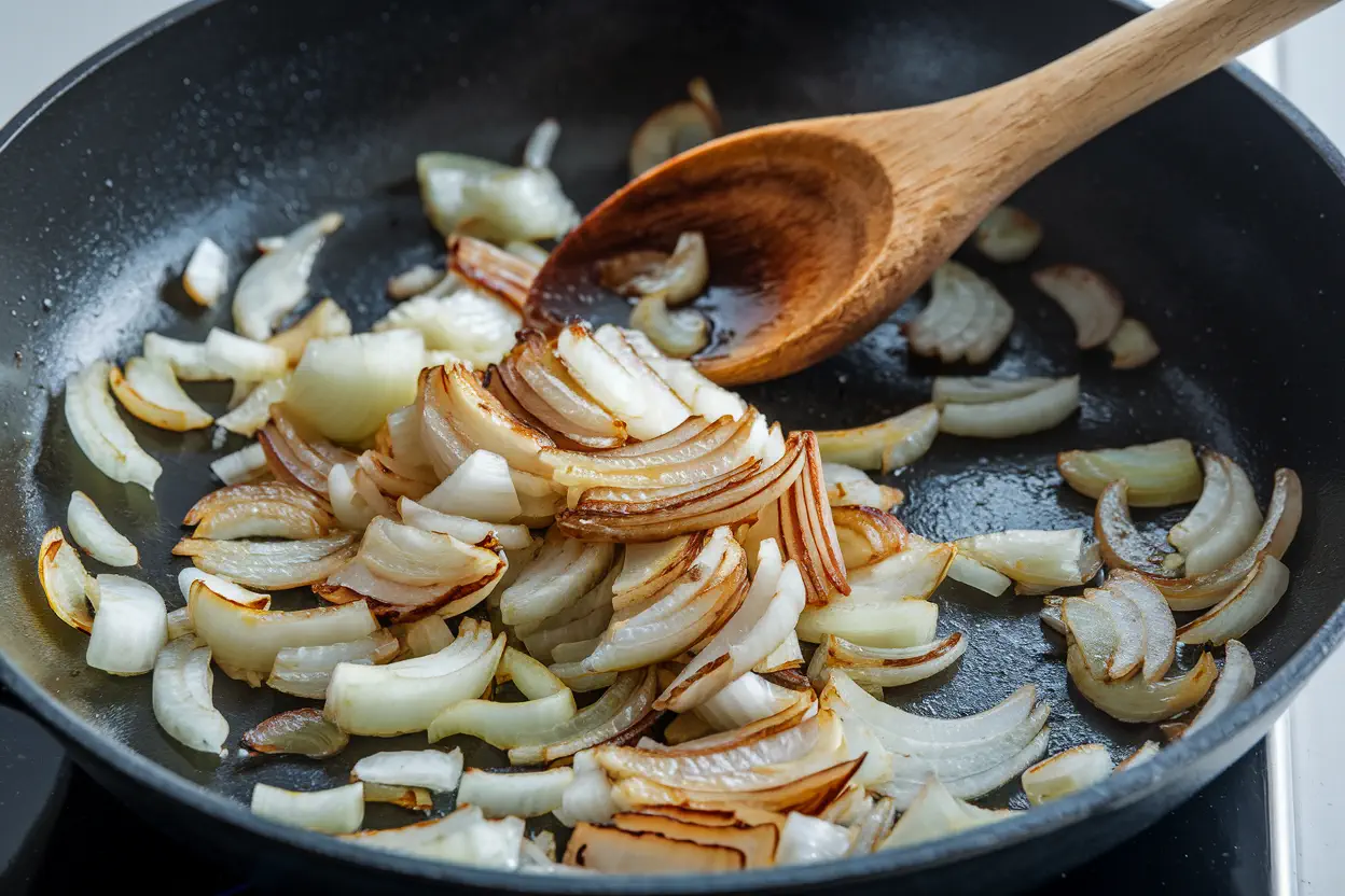 Diced Onions Sautéed In A Skillet Until Golden Brown.