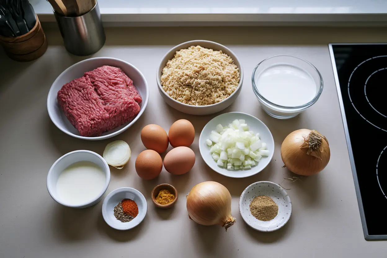 Essential Ingredients For A Basic Meatloaf, Including Ground Beef, Breadcrumbs, Eggs, And Spices