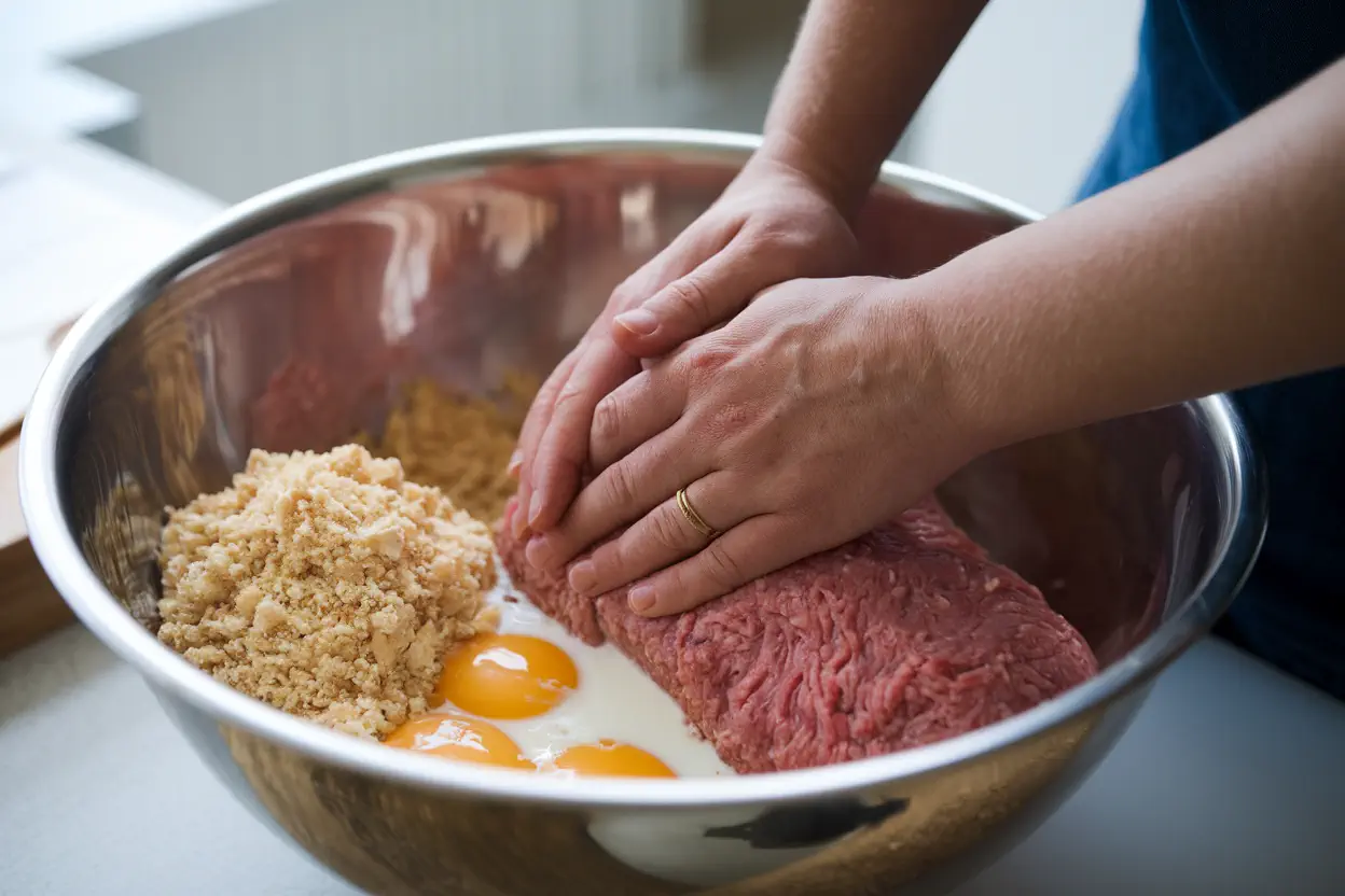 Hands Mixing Meatloaf Ingredients In A Bowl (1)