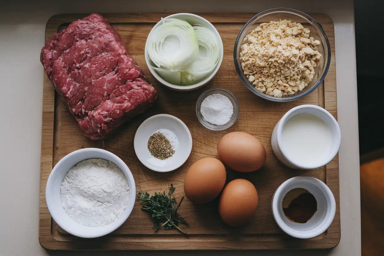 Ingredients For Meatloaf Arranged On A Wooden Cutting Board.