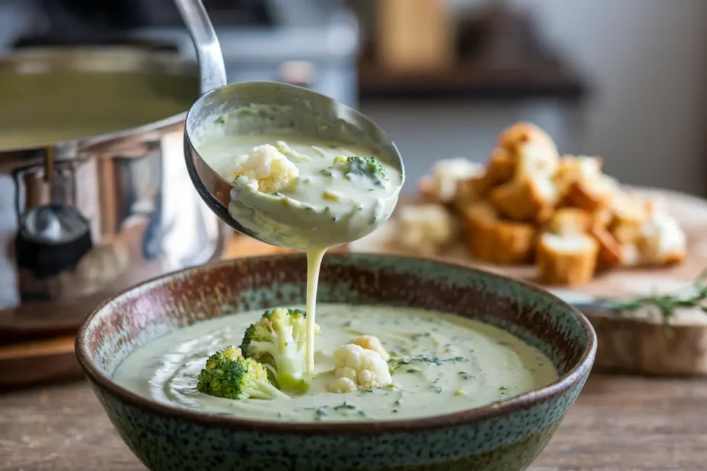 Ladle pouring broccoli cauliflower soup into a bowl