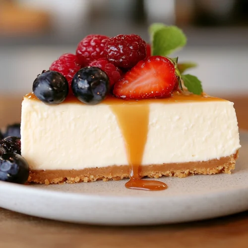 Smooth Philadelphia Cheesecake Filling In A Graham Cracker Crust Topped With Berries