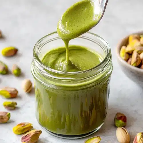 Jar Of Homemade Pistachio Butter With Scattered Pistachios And Spoon