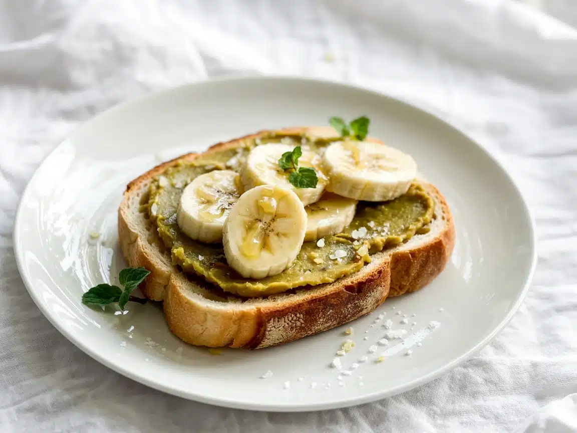 Pistachio Butter Toast with Banana Slices Toast Topped With Pistachio Butter And Banana Slices