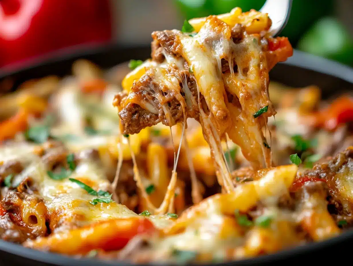 Cheese Pull Close-Up Fork Lifting Cheesy Steak Pasta With Peppers